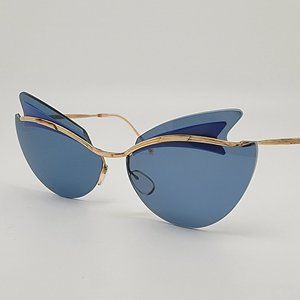 Sol-Amor Vintage Gold Frame Blue Lens Butterfly Cat Eye Sunglasses w Case France